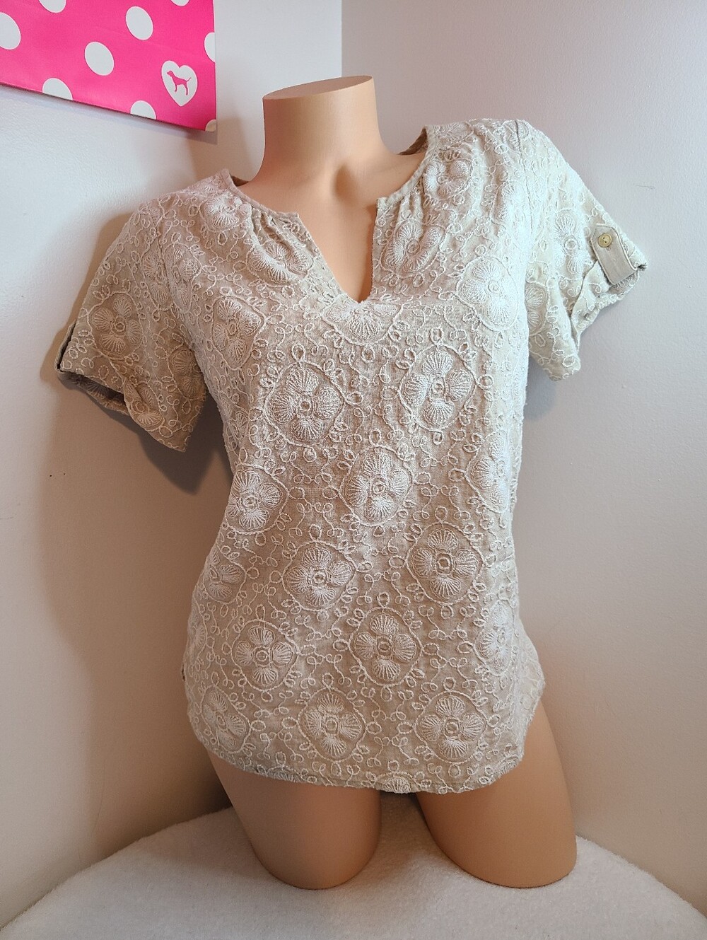 Vineyard Vines 100% Linen Embroidered Short Sleeve Top Size Sm White Beige
